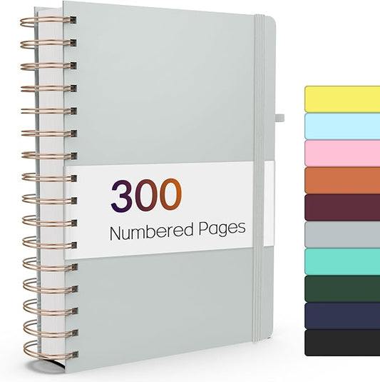Forvencer Lined Spiral Journal Notebook with 300 Numbered Pages, A5 Thick Journals for Writing with 100GSM Paper, Hardcover Notebooks with Contents for Work, School, Women, Men, Grey