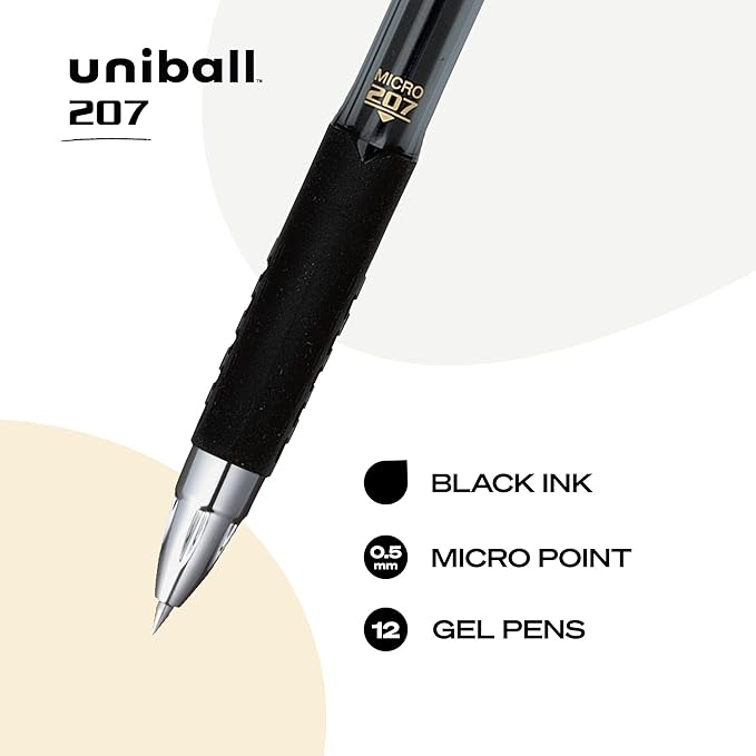 uniball 207 Retractable Gel Pens, Micro Point (0.5mm), Black, 12 Count (Pack of 12)