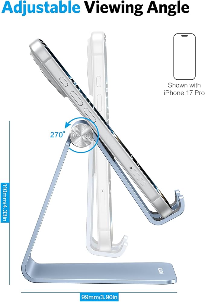 OMOTON Adjustable Cell Phone Stand, Aluminum Desktop Cellphone Stand with Anti-Slip Base and Convenient Charging Port, Fits All Smart Phones, Light Blue