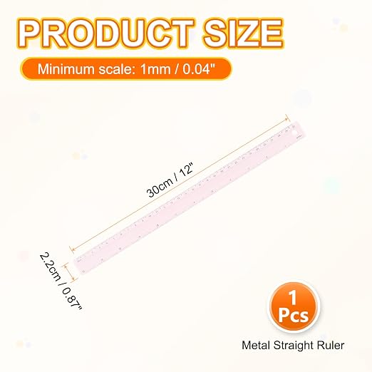 HARFINGTON Metal Straight Ruler 12 Inch(30cm) Metric Aluminum Alloy Measuring Rulers Scale Tool with Hole for Measure Study Reading Classroom Office, Light Pink