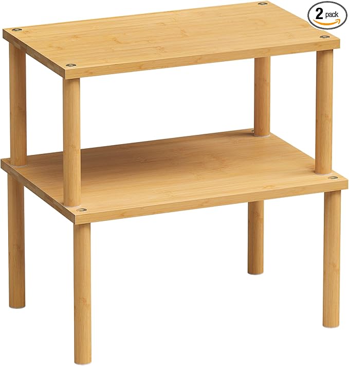 VERTORGAN Cabinet Organizer Shelf(Set of 2),Kitchen Counter Shelves,Bamboo Stackable Expandable Spice Rack Countertop(Medium)