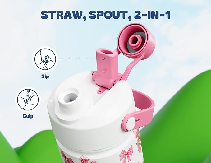 12 oz Insulated Girls Water Bottle: Spill-Proof, Stainless Steel Cup with Straw Spout Lid, BPA-Free, Cupholder Friendly, 24H Cold for Camping, School, Sports, Birthday Gift for Kids (Rosy Bouquet)