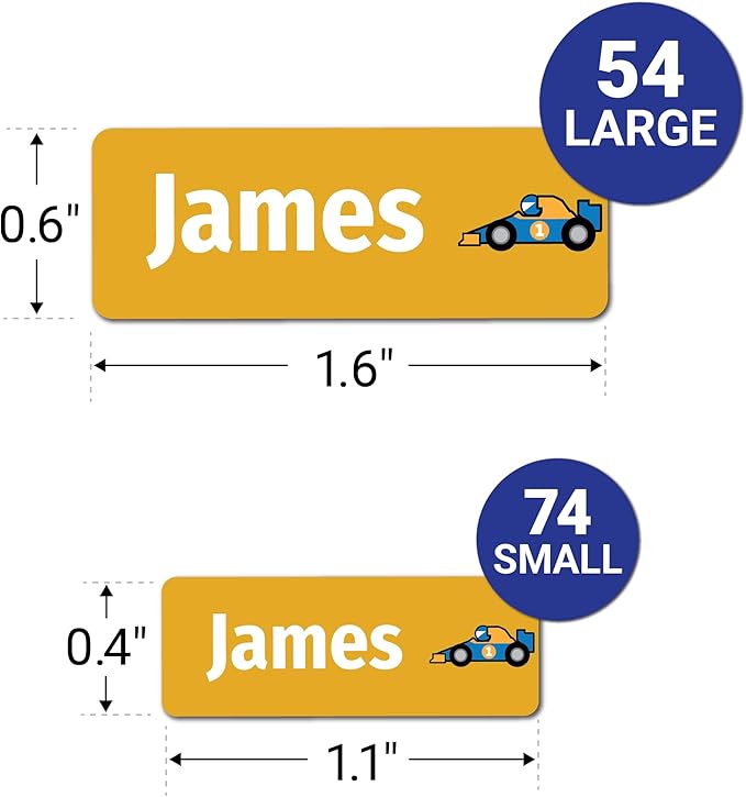 Kids Personalized Name Labels for School, Camp, Daycare (128 Labels) Custom Peel and Stick Waterproof Name Tags Stickers for Water Bottles, Lunch Boxes, Clothing, School Supplies (Racecar)