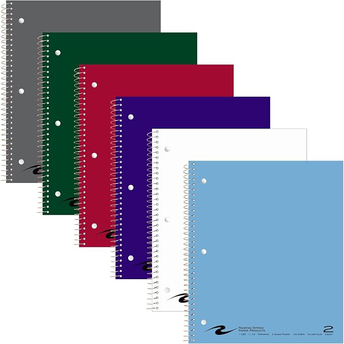 ROARING SPRING 2 Subject Spiral Notebook, 24 Pack, 11" x 9", College Ruled, 100 Perforated Sheets, Assorted Glasscoat Covers, 2 Double Storage Pockets, Made in USA