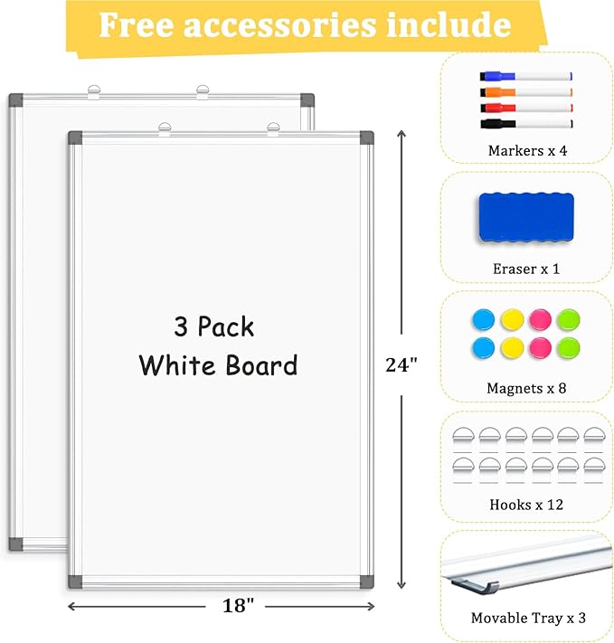 3 Pack Double-Sided Magnetic Whiteboard, 24" x 18" Dry Erase Board, Aluminum Frame White Board for Wall, Hanging Mounting White Board Dry Erase Marker Board for Office, School, Home