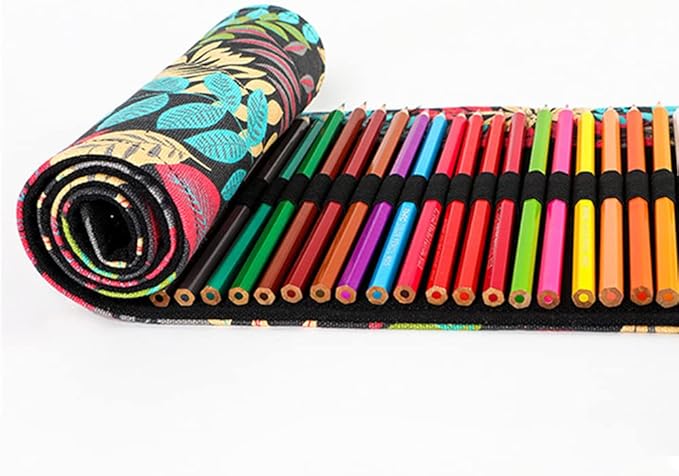 DIYOMR 24/36/72 Slots Pencil Wrap Pencil Rolls, Artist Colored Pencils Roll Up Bag Short Brushes Pouch Case Pencils Organizer for Drawing Coloring and Sketching (Colorful Leaves, 36slots)