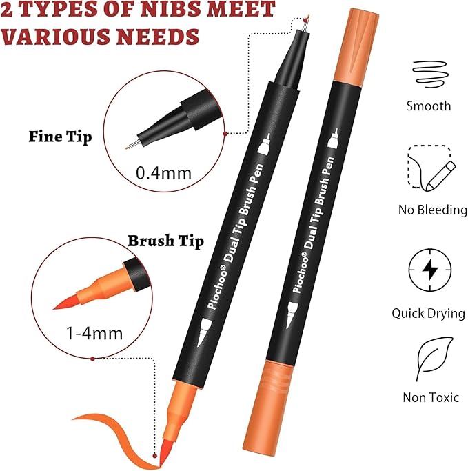 Piochoo Markers,48 Colors Dual Brush Markers Pens, Double Tip Colored Pen for Adult Coloring Books Art Suppliers for Bullet Journaling, Drawing