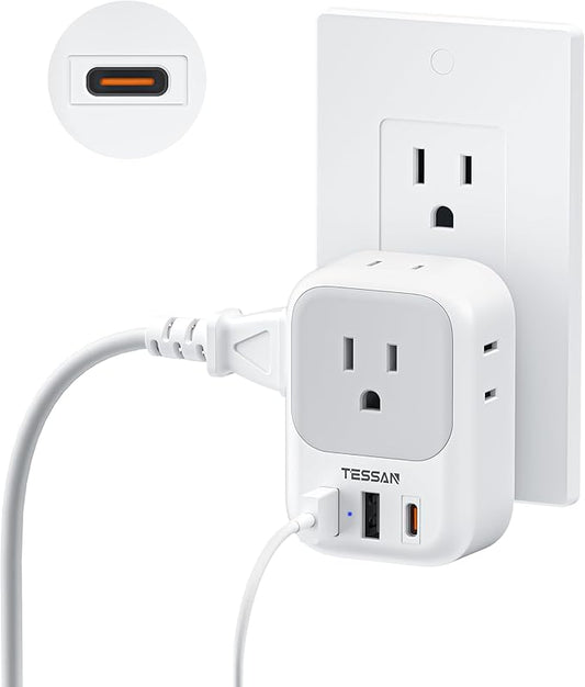 TESSAN USB C Charger Block 20W PD, Fast Charging Adapter Wall Plug, Power Outlet Extender(4 AC and 3 USB) for Cruise, Home, Office, Dorm Room Essentials, Grey