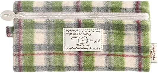 Monolike Unmatched Friends Old Check Pencil Case, Green - Pencil Pouch, Portable Pencil Bag, Pencil Case, Office Pouch case, Cushion, Soft, Vintage