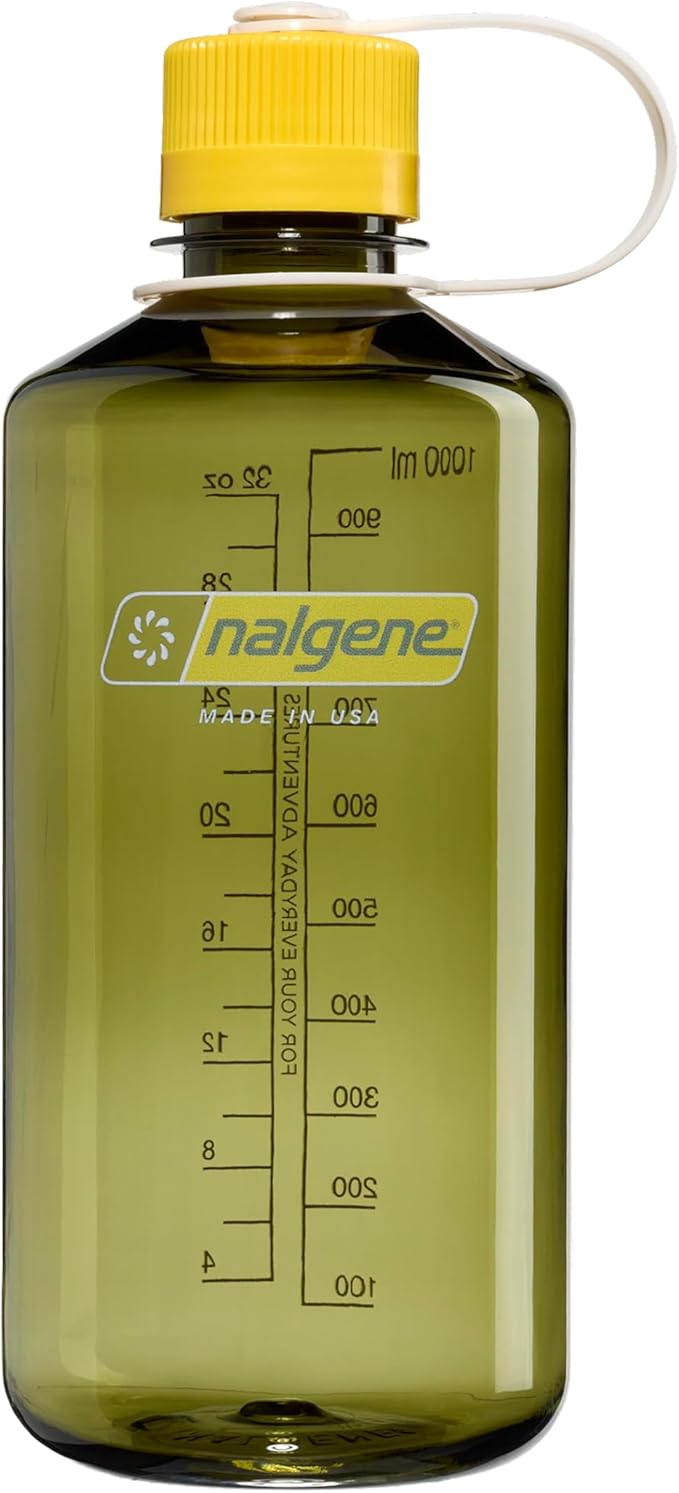 Nalgene 32 oz Narrow Mouth Water Bottle | BPA-Free, Durable & Leak Proof, Lightweight for Hiking & Gym – Thrill & Motion, Oil Green w/Freesia