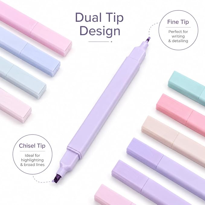 Pastel Highlighters, 12 Pcs Aesthetic No Bleed Bible Highlighters Set | Dual Tip Highlighter Set with Chisel and Fine Tips, for Journaling, Bible Study, Planner, Note Taking, School and Office