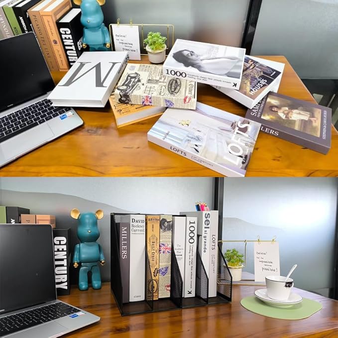 2 Set Desk Organizers, Metal Desk Magazine File Holder and 1 Pen Holder, 2 Compartments Mesh File Holder, Mesh Desktop Organizer and Storage,Black