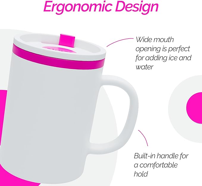 Copco Iconic 16oz Double Wall Insulated Desk Mug with Lid and Handle, Set of 2, BPA-Free Reusable Plastic, Spill-Resistant, Microwave & Dishwasher Safe, Wide Mouth (Pink)