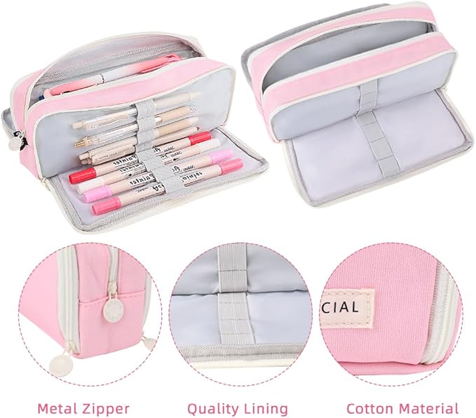 iSuperb 3 Compartments Pencil Case Pouch Big Capacity Pencil Holder for Kids Teen Girls Boys Student School Supplies Oxford Stationery Storage Cosmetic Case (Pink)