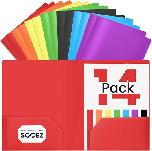 Sooez 14 Pack Folders with Pockets, Pocket Folders with Extra Labels, Plastic Folders with Pockets, 2 Pocket Folders Bulk, Heavy Duty File Folders, School Folder Business Folder Office Filing Supplies