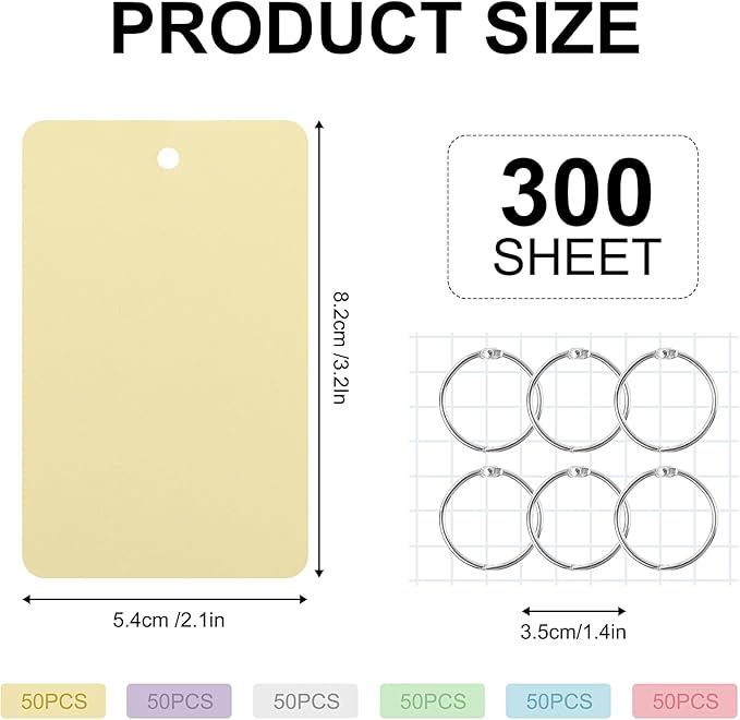 300 PCS Hole-Punched Blank Index Cards With Rings，3.2x2.1In Colored Flash Cards Kraft Paper Cover, Portable Notecards For Study/Office/Home/Note-Taking/Language Learning(6 Color)