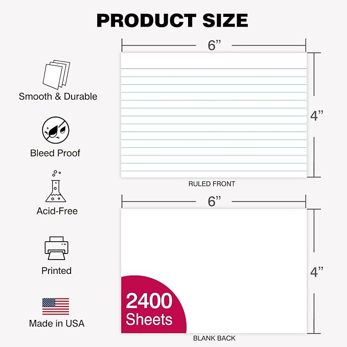 WritePads Index Cards Bulk, 2400 Flash Cards (24 Packs of 100), Wide Ruled Notecard, Blank Back Note Cards, Lined Flashcards for Studying School Home and Office, Made in USA (4x6)