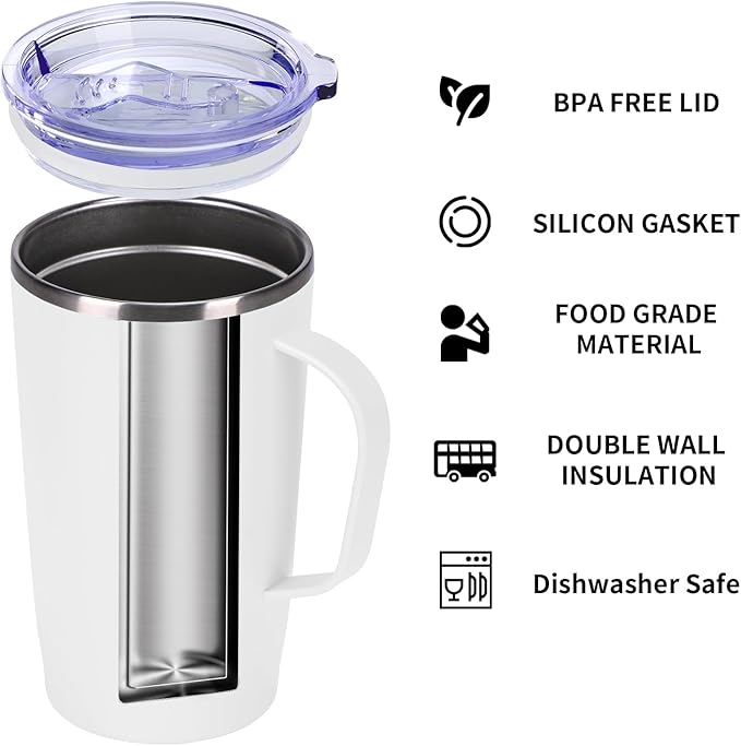 MEBRUDY 19oz Insulated Coffee Mug with Lid, Leak Proof Double Wall Vacuum Travel Coffee Mug with Handle, White