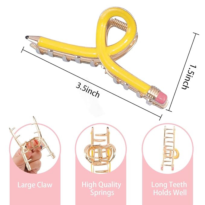 Pencil Hair Clips, Yellow Teacher Hair Clips 3Pcs Teachers Accessories for Women Fun Metal Claw Clips for Back to School Students and Teacher Accessories