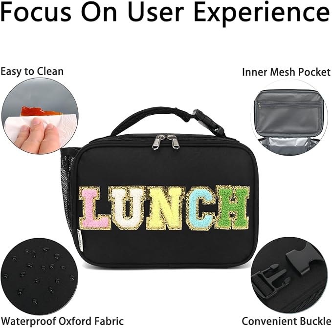 GYEUKHAM Insulated Lunch Box for School, Thermal Reusable Durable Freezable Lunch Bags for Kids Boys Girls Men Women - Small Soft Cooler Portable Lunch Tote Kit for Work Picnic Travel,Black Alphabet