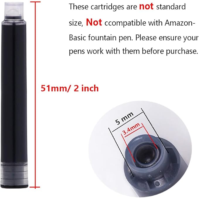 Asvine Fountain Pen Ink Cartridges Black Color, Set of 30 Refill Ink Cartridges, 3.4 mm Bore Diameter