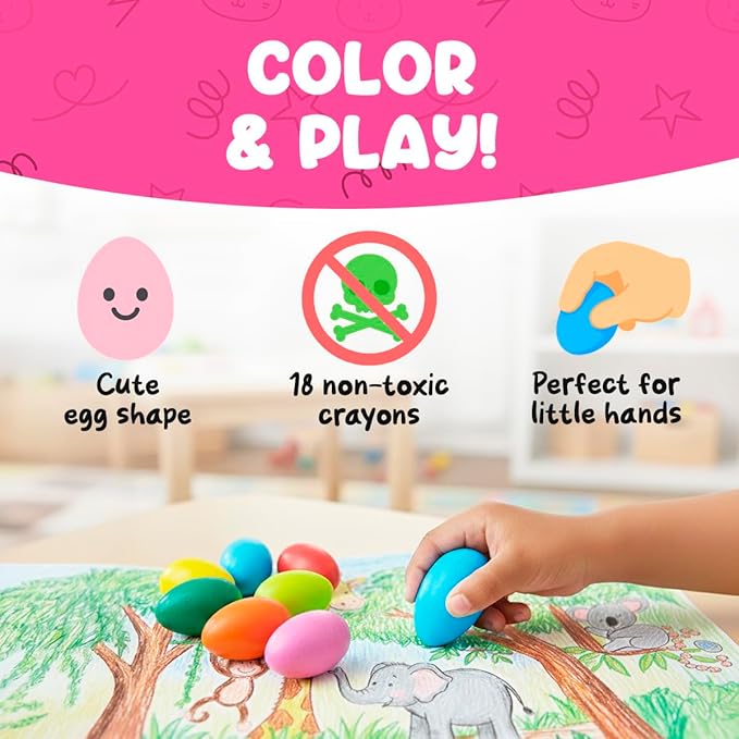 TinyGeeks 12 Color Egg Crayons - Palm Grasp Non-Toxic and Washable for Toddlers (3-6) & Kids (4-8) - Easy-to-Hold, Perfect for Travel, Art, and Early Childhood Activities