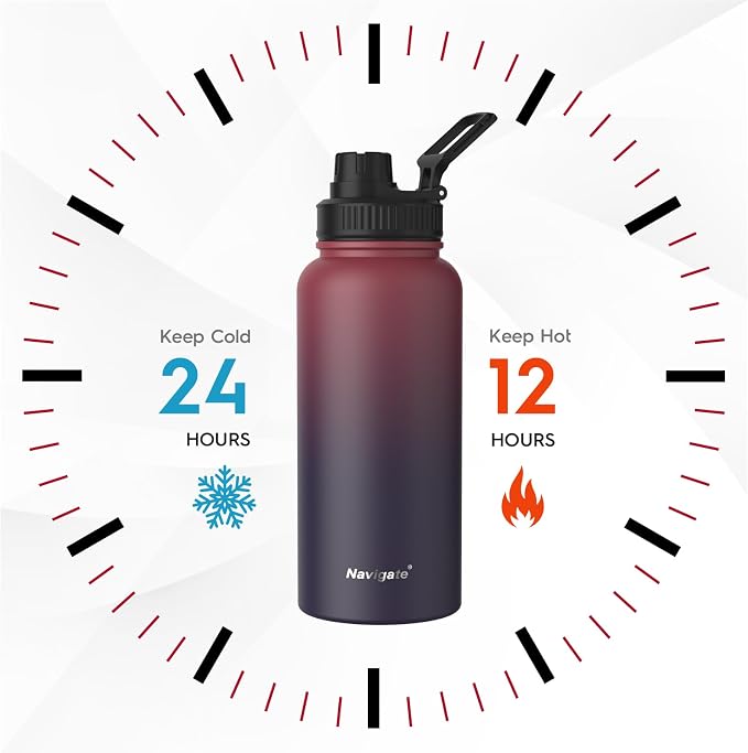 Navigate 32oz Insulated Water Bottle for Sports, Keep Cold 24H | 2-in-1 Spout and Handle Lids, Double Leak-Proof, 18/8 Stainless Steel, BPA-Free, Wide Mouth for Hiking,Red to Black