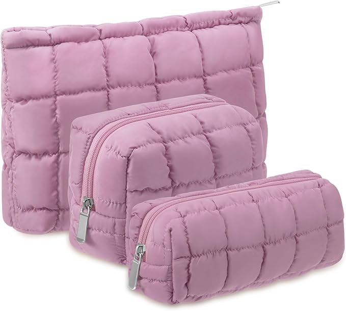 Huhumy 3 Pcs Puffy Makeup Bag Quilted Cosmetic Pouch for Women Cute Checkered Travel Toiletry Bag Puffer Makeup Organizer Purse Pouch Preppy Pencil Case with Zipper(Nude Pink)