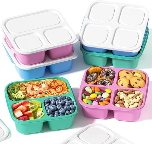 Canfanni 6 Pcs Snack Box Container Set, Reusable 3&4 Compartment Meal Prep Snack Containers for Adults Kids Toddler, BPA-Free Divided Lunchable Container for School, Work and Travel (5 Color)