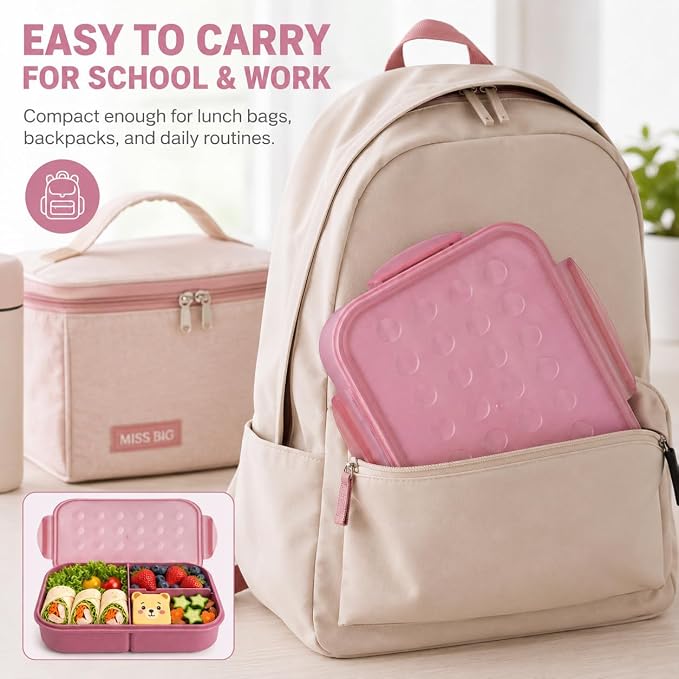MISS BIG® Bento Lunch Box for Kids, 1150ml, 3 Compartments, Rose Pink | Rose pink kids lunch box for school, daycare, snacks, light meals, picnic food, and daily carry.