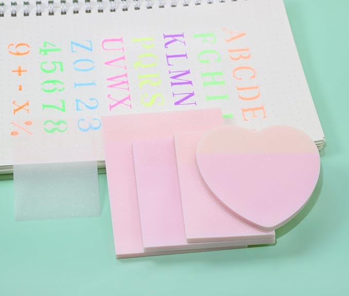 ONLYKXY 4Pack Mixed Shape Transparent Sticky Notes for Annotating,Glitter Pastel Color Waterproof Index Sticker Self-Stick Book Tabs 200Sheets Soft PET Marker Memo Pad for Home School Office (Pink)