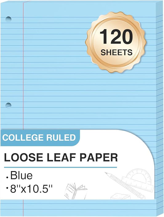 Blue Loose Leaf Paper 8 x 10.5, 120 Sheets Lined Paper College Ruled Paper, 3 Hole Punched Notebook Paper College Ruled, 3 Ring Binder Paper 8 x 10.5, Filler Paper College Ruled for Office, School