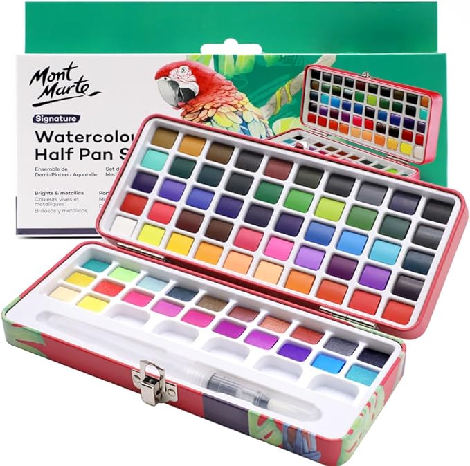 Mont Marte Watercolor Set Signature 73pcs, Including 50 Bright and 22 Metallic Colors with Translucent Finish, Ideal for Artists, Hobbyists and Adults