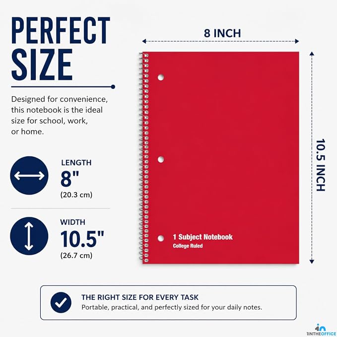 1InTheOffice Spiral Notebook College Ruled, 1-Subject Notebooks, Wirebound Spiral Notebook 8" x 10.5", 70 Sheets, Assorted Colors (6 Pack)