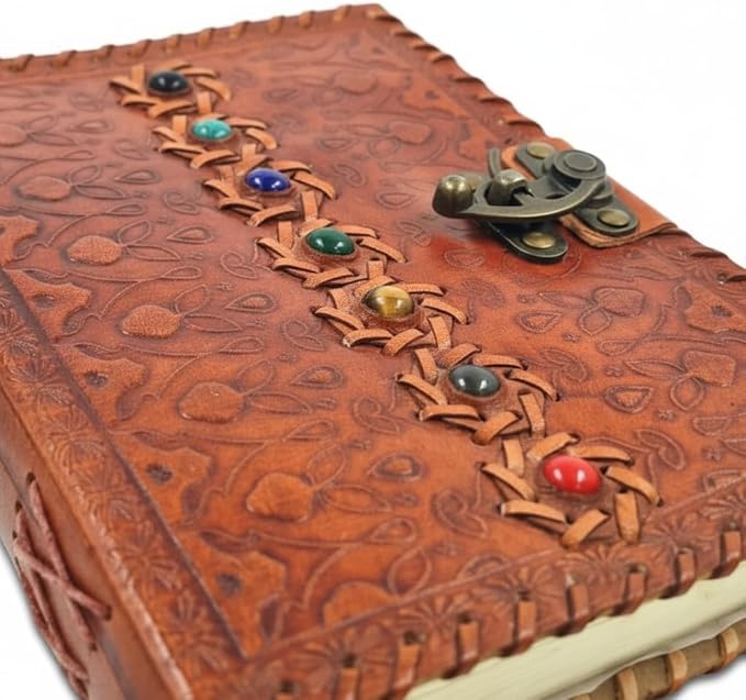 Vintage Leather Journal with Seven Chakra Stones – Handmade Embossed Diary Notebook, 200 Pages 125 GSM Leather Bound Writing Journal for Men & Women, 6x4 Inch