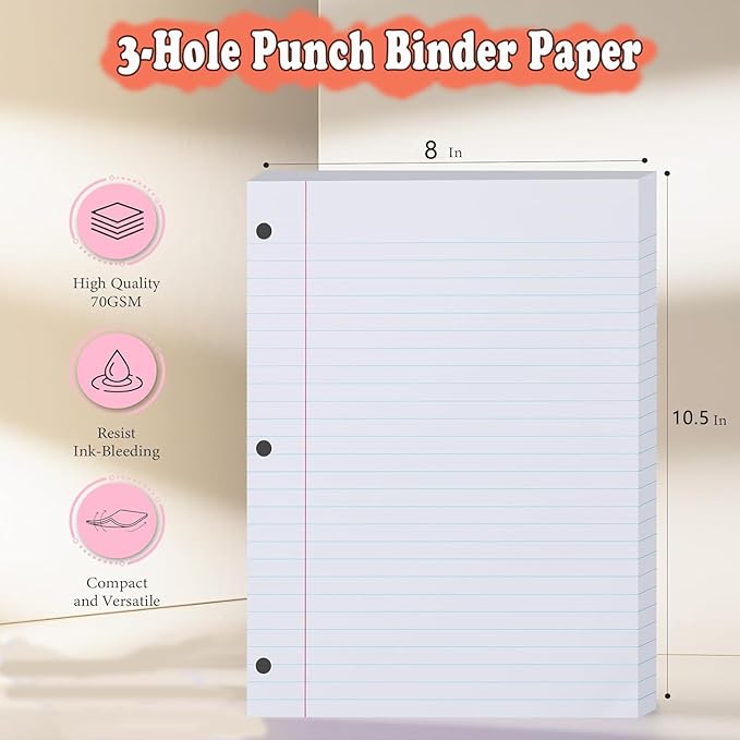 Loose Leaf Paper, 2 Pack 100 Sheets, Wide Ruled, 8" x 10.5", Reinforced Notebook Paper College Ruled, 3 Hole Punched, College Lined Filler Papers for 3 Ring Binder Notebook, School & Office, White