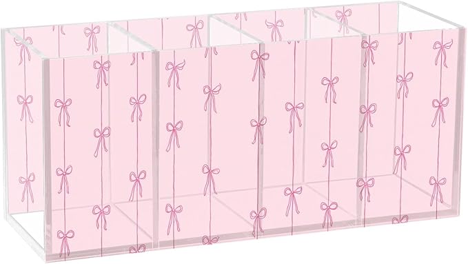 Aslsiy Ribbons Bow Coquette Pen Holder Pink 4 Compartments Acrylic Pencil Holder Clear Makeup Brush Holder Desk Organizer Office Supplies