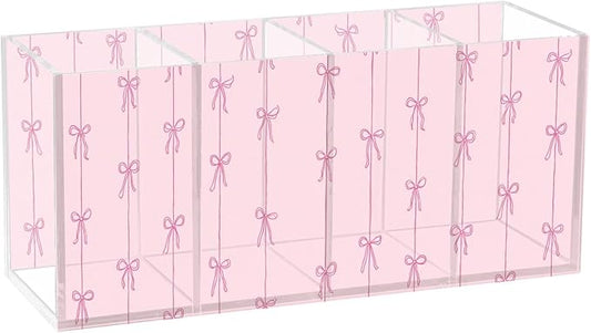 Aslsiy Ribbons Bow Coquette Pen Holder Pink 4 Compartments Acrylic Pencil Holder Clear Makeup Brush Holder Desk Organizer Office Supplies