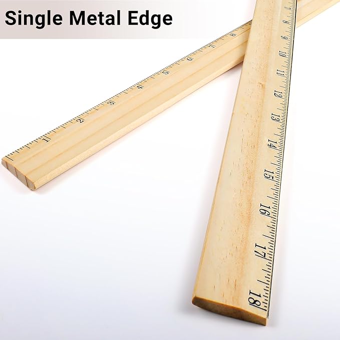 Tellegloww 12 Packs Wooden Rulers 18 Inch with Single Metal Side Bulk Inches Centimeter Metric Measuring Rulers for Students School Office Supplies