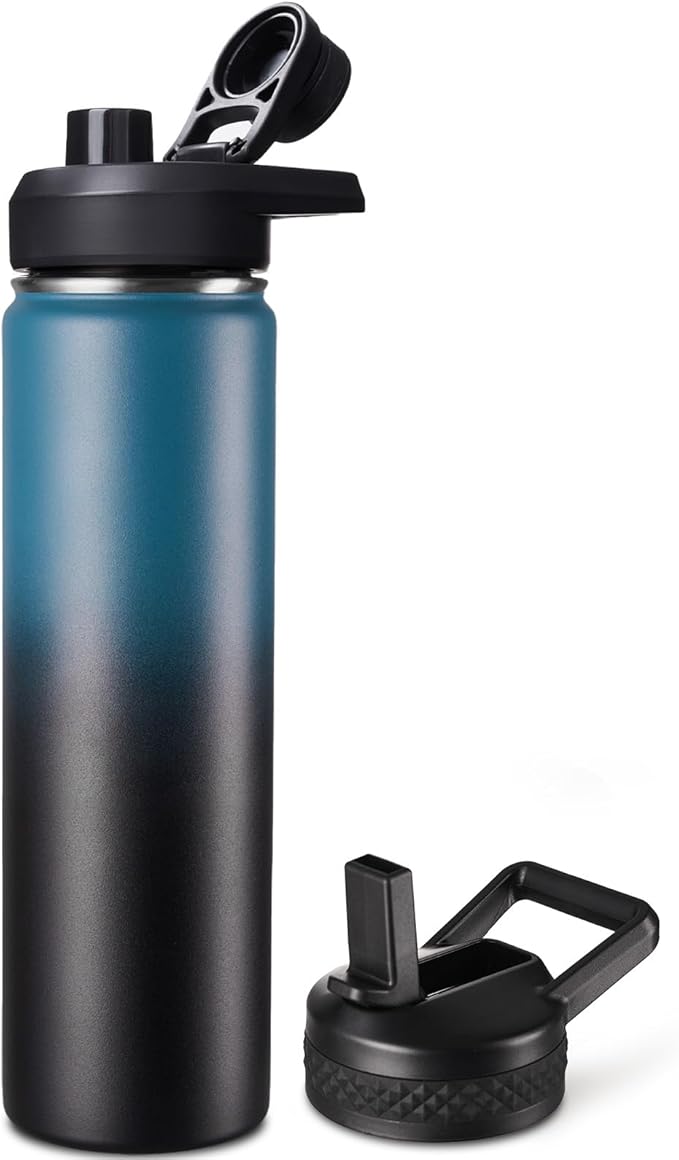 Fijinhom 24 oz Insulated Water Bottle with Handle, 304 Stainless Steel Water Bottles with 2 Lids, Double Wall Vacuum Sports Water Cup with Straw, BPA Free, Keep Cold and Hot, Blue/Black