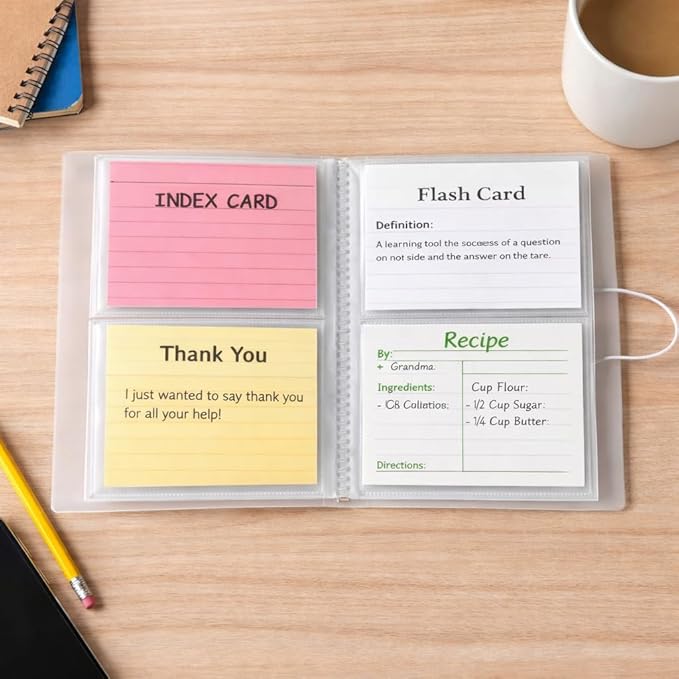SHANGRLA 4x6 Index Card Holder Binder with Clear Sleeves,Card Organizer for Recipe Card, Flash Card and Note Card,Holds 200 Indexcards, Flashcard Notecard Storage Booklet