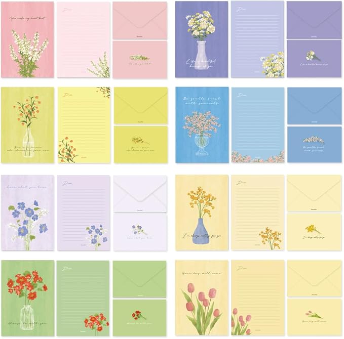 Monolike Olivia's Flowers Letter Paper and Envelopes Set - 8Type, 32 Letter Paper + 16 Envelopes