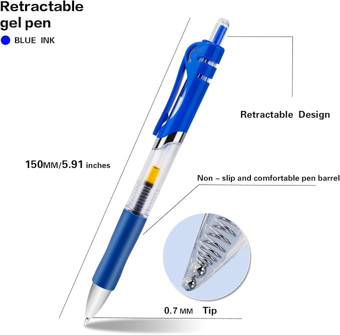 30 Pack Blue Retractable Gel Pens, 0.7mm Fine Point Quick Dry Ink Pens, No Smudge No Bleed Through, Comfort Grip Smooth Writing Pens for School Office Home Supplies