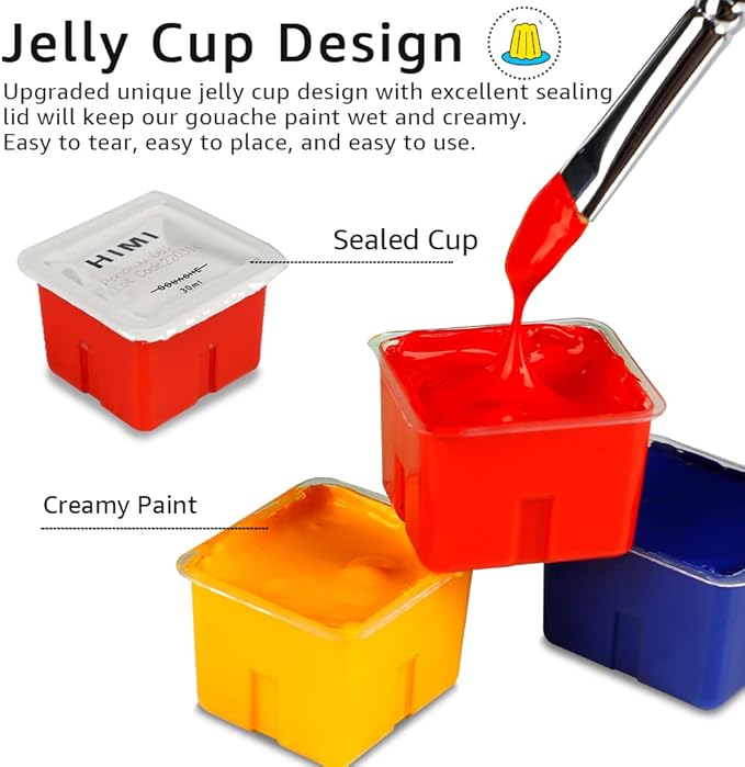 HIMI Gouache Paint Set, 24 Colors x 30ml/1oz with 3 Brushes & a Palette, Unique Jelly Cup Design, Non-Toxic, Guache Paint for Canvas Watercolor Paper - Perfect for Beginners, Students, Artists(Pink)