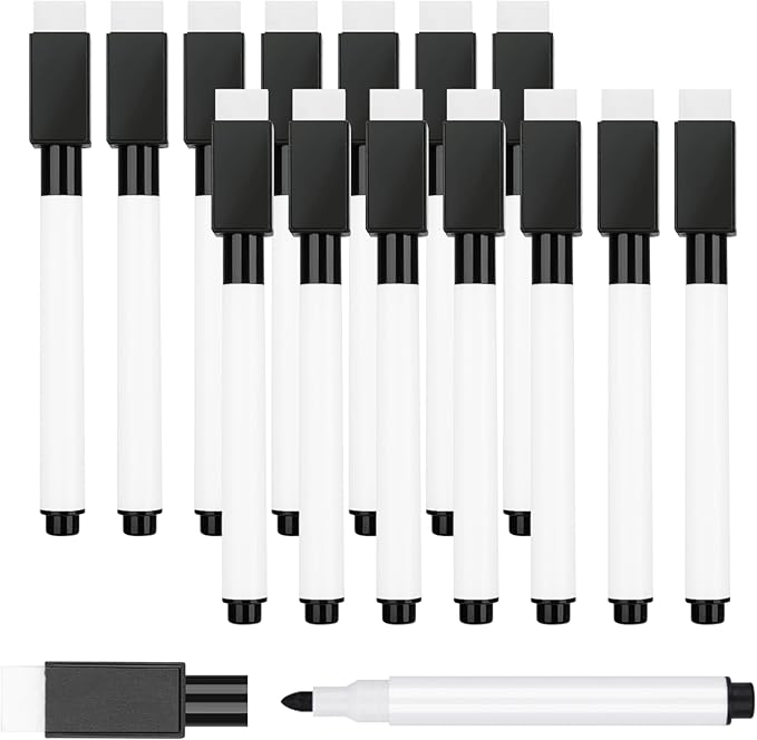 15 Pcs Black Magnetic Dry Erase Markers with Eraser Cap, White Board Mini Dry eraser Markers Bulk, Fine Point Tip Student White Board Marker for Teachers Office School Supplies