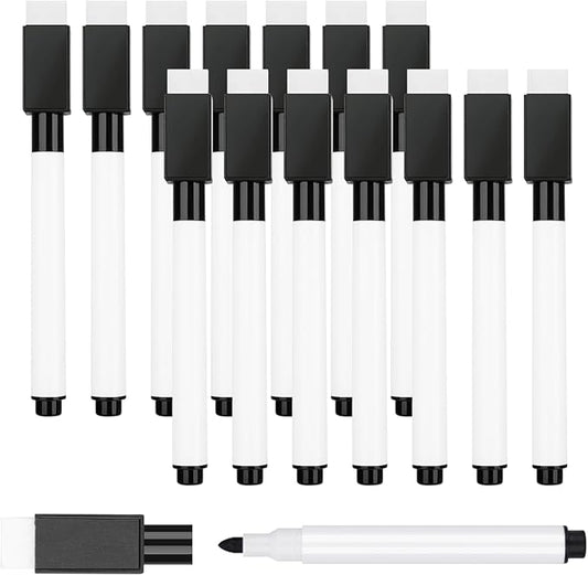 15 Pcs Black Magnetic Dry Erase Markers with Eraser Cap, White Board Mini Dry eraser Markers Bulk, Fine Point Tip Student White Board Marker for Teachers Office School Supplies