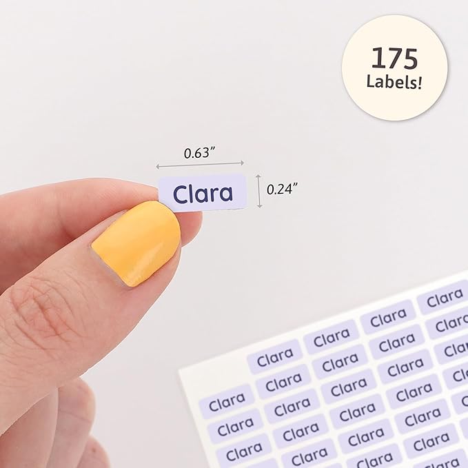 Mini Name Labels (175) - Custom Personalized Name Labels for Labeling Tiny Items, Washer and Dryer-Safe Waterproof Labels for Daycare, Preschool, and School - Light Purple