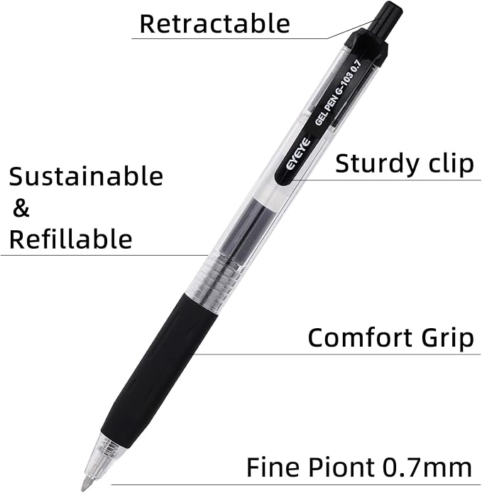 EYEYE G-103 Black Gel Pens 15 Pack, Retractable, 0.7mm Medium Point | Quick Drying, Ballpoint Pen Fine Point Smooth Writing Pens for Office Supplies, Black to School