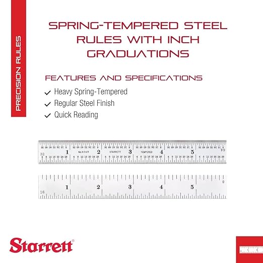 Starrett Spring Tempered Steel Rule with Regular Steel Finish, Quick Reading, and Inch Graduation - 6" Length, 4R Graduation Type, 3/64" Thickness - 604R-6