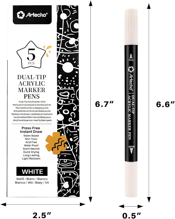 Artecho Dual Tip Acrylic Paint Pen White 5pcs set-Fine Tip and Brush Tip for Stone, Rock Painting, Paper, Pumpkin, Wood, Egg, Canvas, Ceramic, Fabric, leather, Glass, DIY Crafts